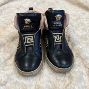 Pr of Young Versace black and gold hi tops, no laces, sz 12