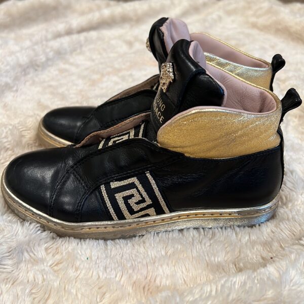 Pr of Young Versace black and gold hi tops, no laces, sz 12