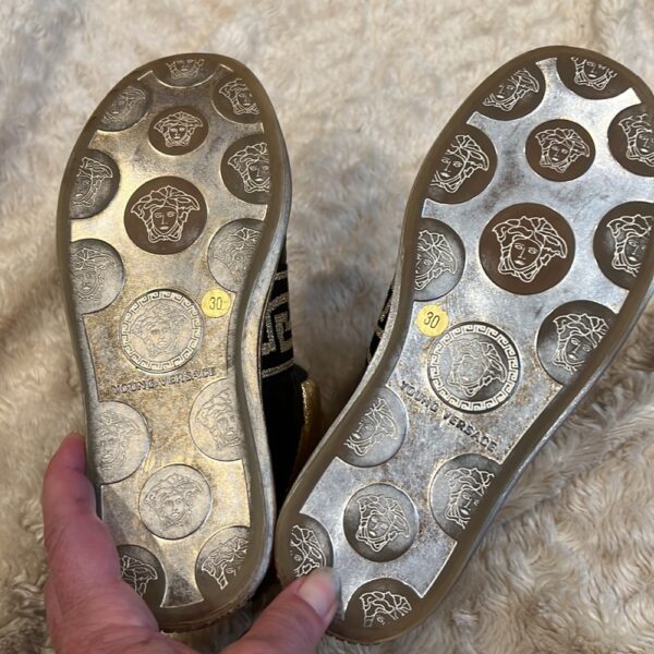 Pr of Young Versace black and gold hi tops, no laces, sz 12