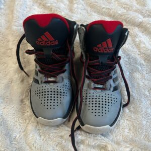 Lightly worn pair of boy’s grey Adidas hi tops, sz 12 1/2, ca 2017