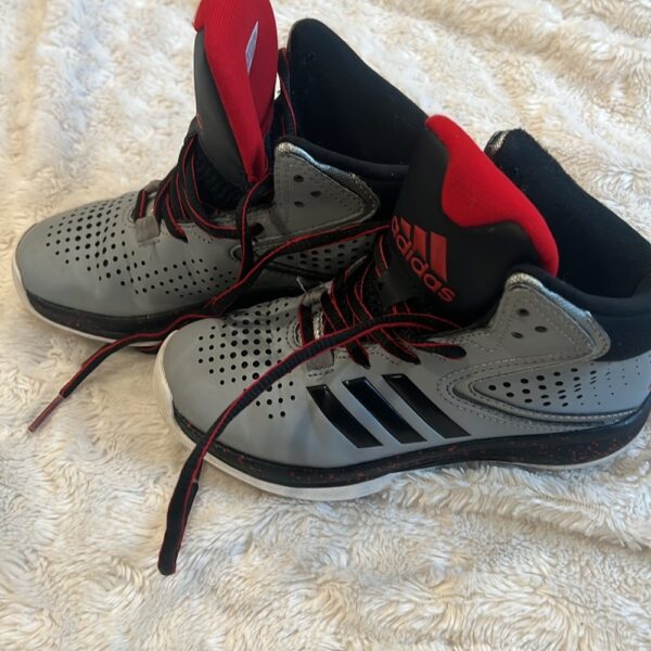 Lightly worn pair of boy’s grey Adidas hi tops, sz 12 1/2, ca 2017