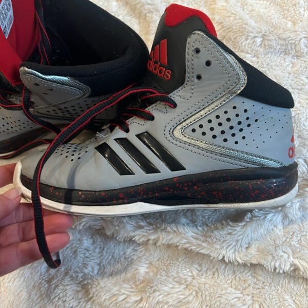 Lightly worn pair of boy’s grey Adidas hi tops, sz 12 1/2, ca 2017