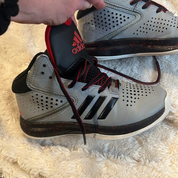 Lightly worn pair of boy’s grey Adidas hi tops, sz 12 1/2, ca 2017