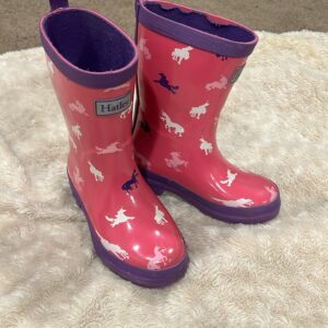 Pair of girl’s pink unicorn rain boots by Hatley, sz 12