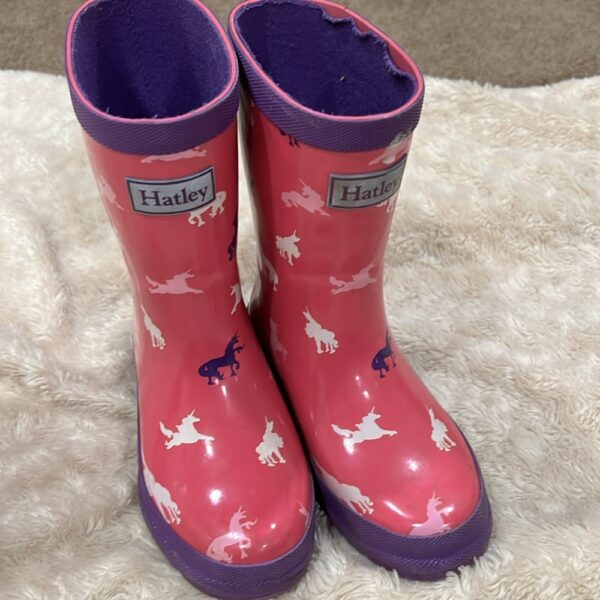 Pair of girl’s pink unicorn rain boots by Hatley, sz 12