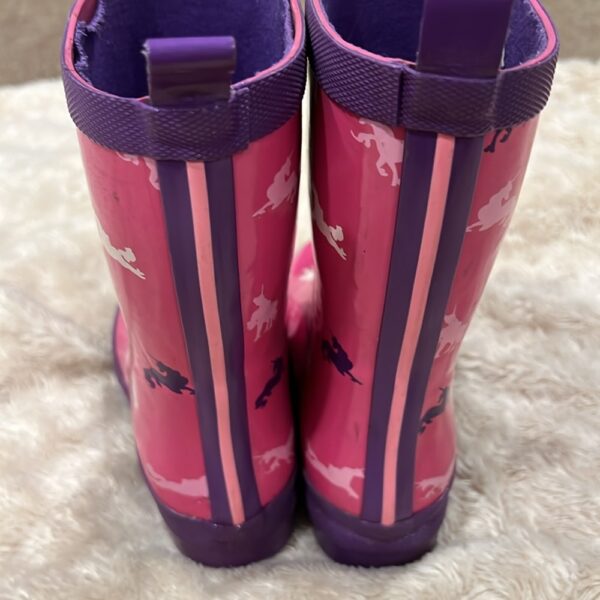 Pair of girl’s pink unicorn rain boots by Hatley, sz 12