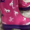 Pair of girl’s pink unicorn rain boots by Hatley, sz 12