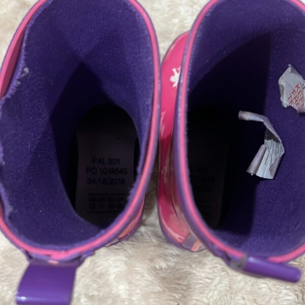 Pair of girl’s pink unicorn rain boots by Hatley, sz 12