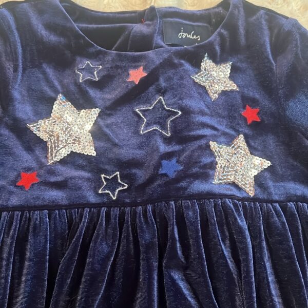 Joules, adorable dark blue velvet long sleeved dress with sequins, size 6