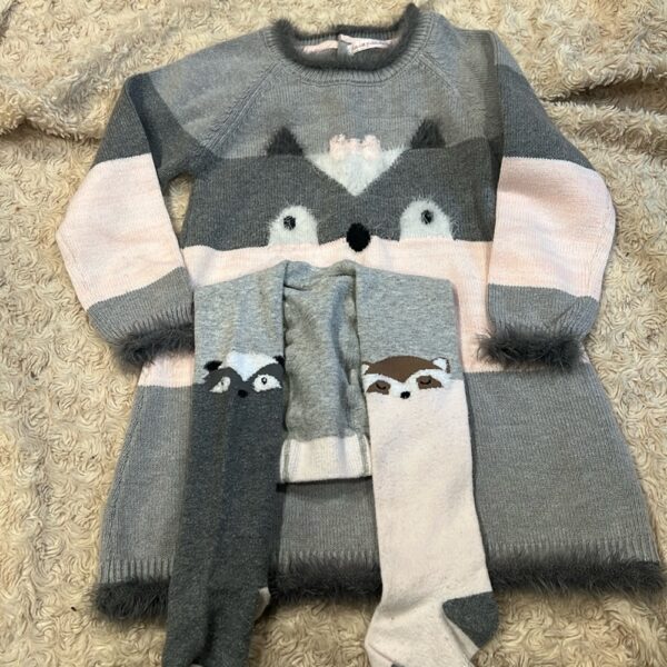 Deux par Deux, pink and grey sweater dress with tights, size 3