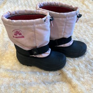 Kamik, pair of girl’s snow boots, black and light pink, size 2