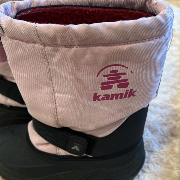 Kamik, pair of girl’s snow boots, black and light pink, size 2
