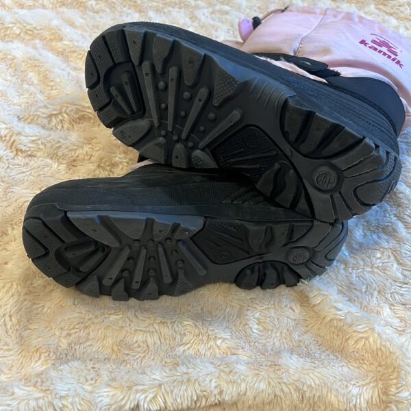 Kamik, pair of girl’s snow boots, black and light pink, size 2