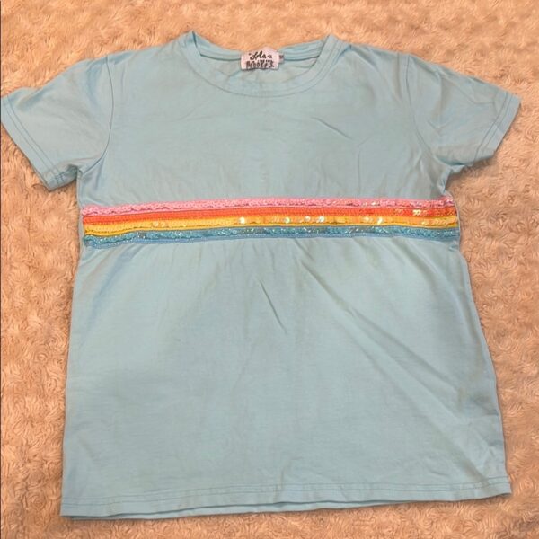 Lola + The Boys, Kids Blue Shirt with Rainbow Sequin Stripes, Size 14