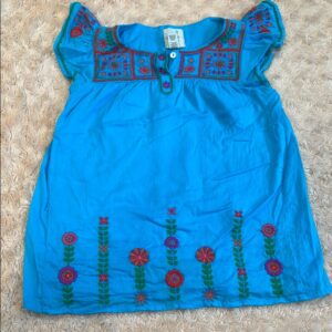Peek, Girl’s Aqua Lined Linen Dress with Embroidery, Size 18-24 months