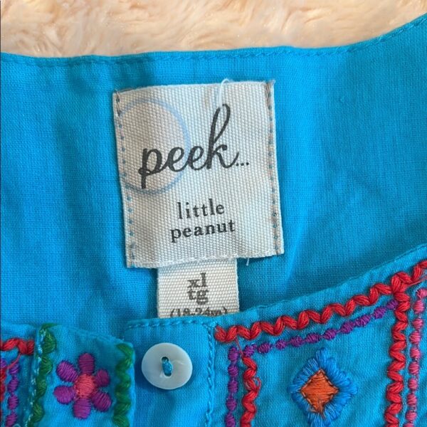 Peek, Girl’s Aqua Lined Linen Dress with Embroidery, Size 18-24 months
