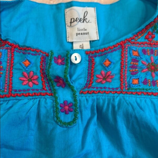 Peek, Girl’s Aqua Lined Linen Dress with Embroidery, Size 18-24 months