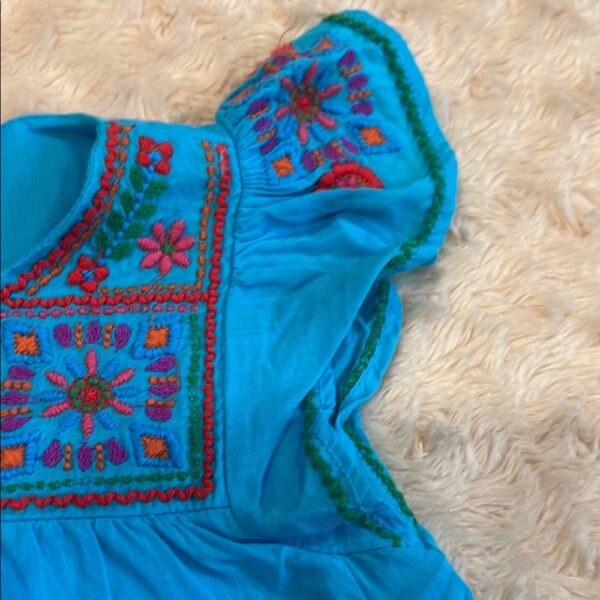 Peek, Girl’s Aqua Lined Linen Dress with Embroidery, Size 18-24 months