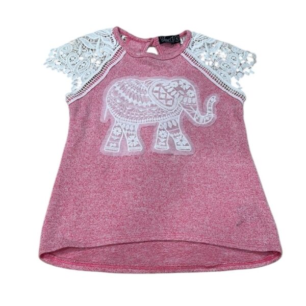 Third Wish Girls Pink and White Lace Sleeve Tee with Elephant Design, Size 5