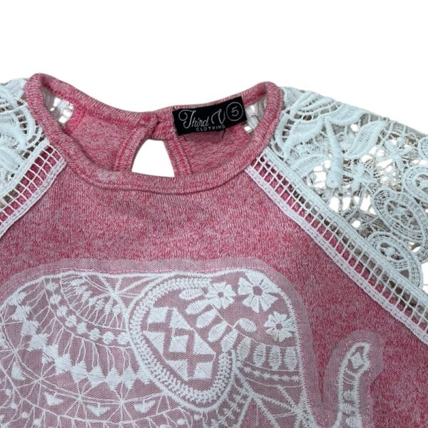 Third Wish Girls Pink and White Lace Sleeve Tee with Elephant Design, Size 5