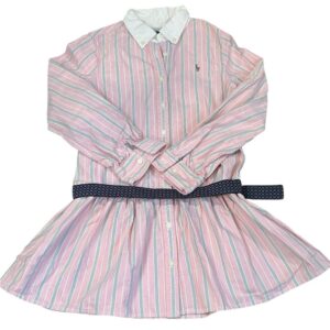 Ralph Lauren Pink and White Striped Long Sleeved Button Up Dress, Size 8