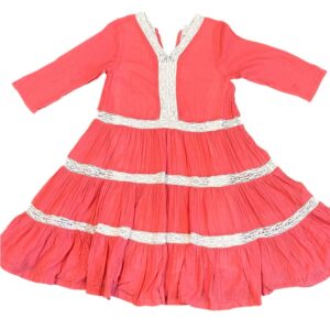 Pink Chicken Coral Linen Dress with White Lace Detail, Size 5