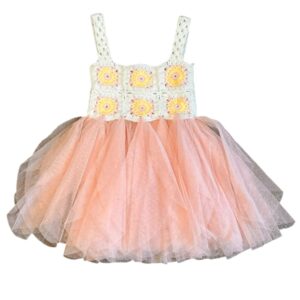 Elly and Emmy, Charming Pink and Cream Crochet Baby Dress with Tulle, Size 0-6mo