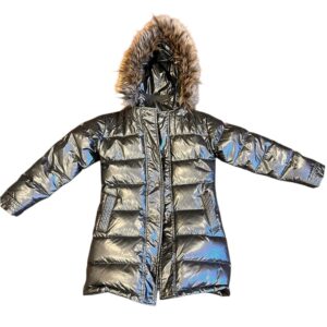 Appaman, Girl’s Metallic Silver Quilted Long Puffer Jacket with Faux Fur, Sz 10