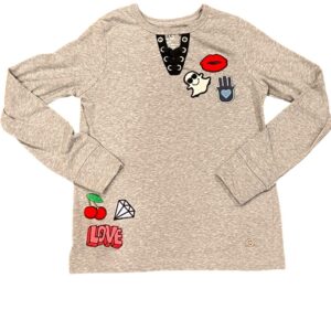 Butter, Girls Gray Long Sleeve Tee with Colorful Patches, Size 7