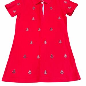 Castaway, Girls Red Polo Dress with Embroidered Anchor Motif, Size S (6-8)