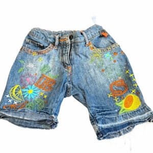 Red Sound, Embroidered Denim Shorts - Blue with Colorful Floral Design, Size 2/3