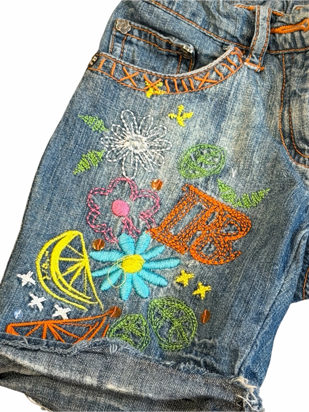 Red Sound, Embroidered Denim Shorts - Blue with Colorful Floral Design, Size 2/3