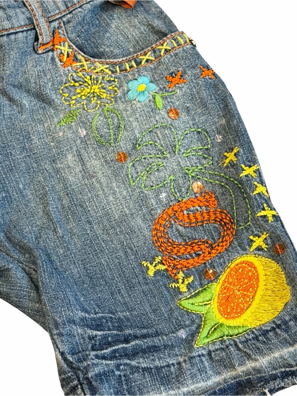 Red Sound, Embroidered Denim Shorts - Blue with Colorful Floral Design, Size 2/3