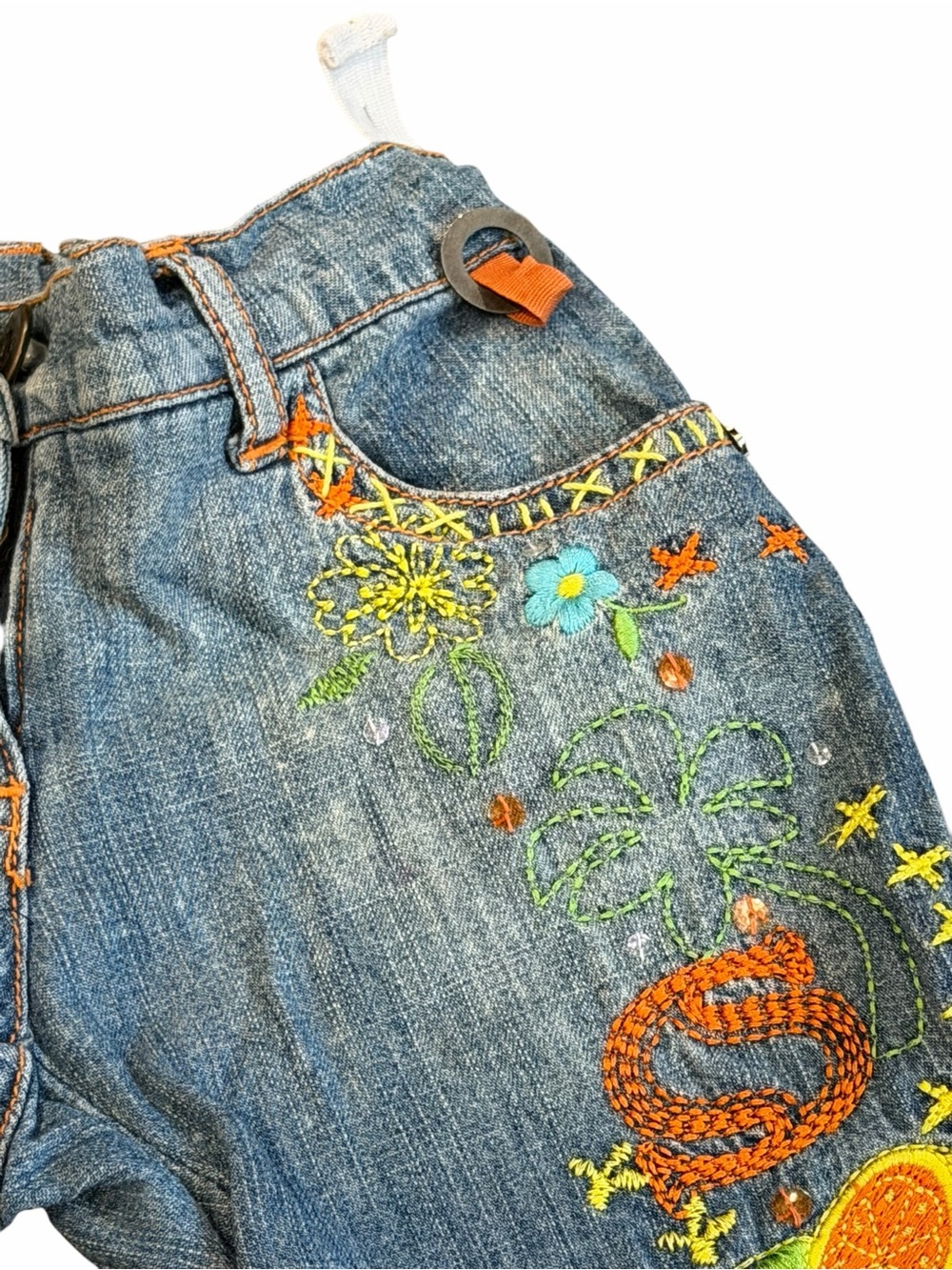 Red Sound, Embroidered Denim Shorts - Blue with Colorful Floral Design, Size 2/3