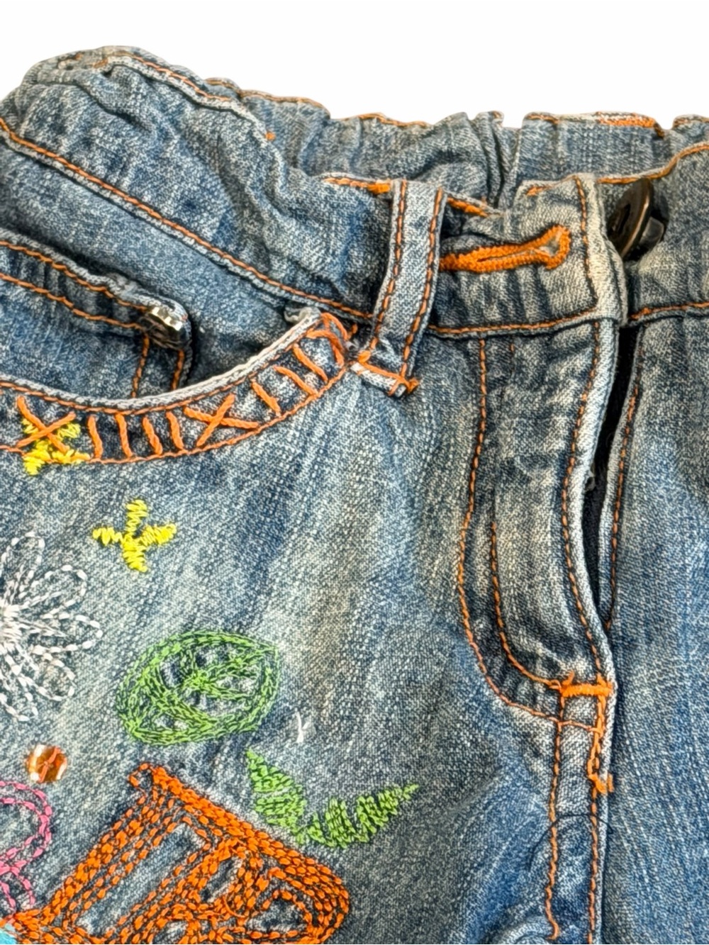 Red Sound, Embroidered Denim Shorts - Blue with Colorful Floral Design, Size 2/3