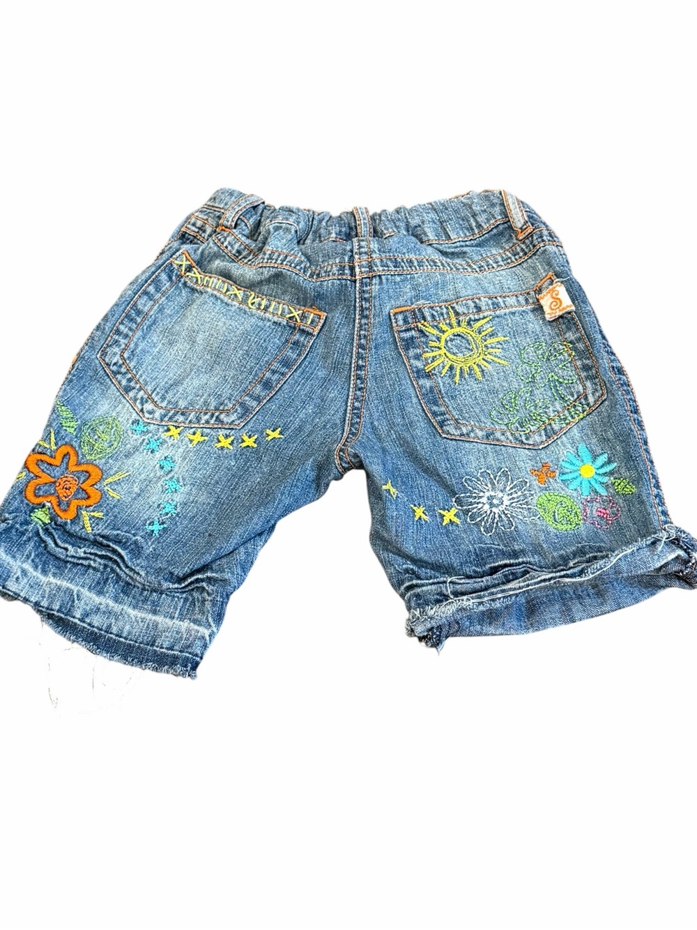 Red Sound, Embroidered Denim Shorts - Blue with Colorful Floral Design, Size 2/3