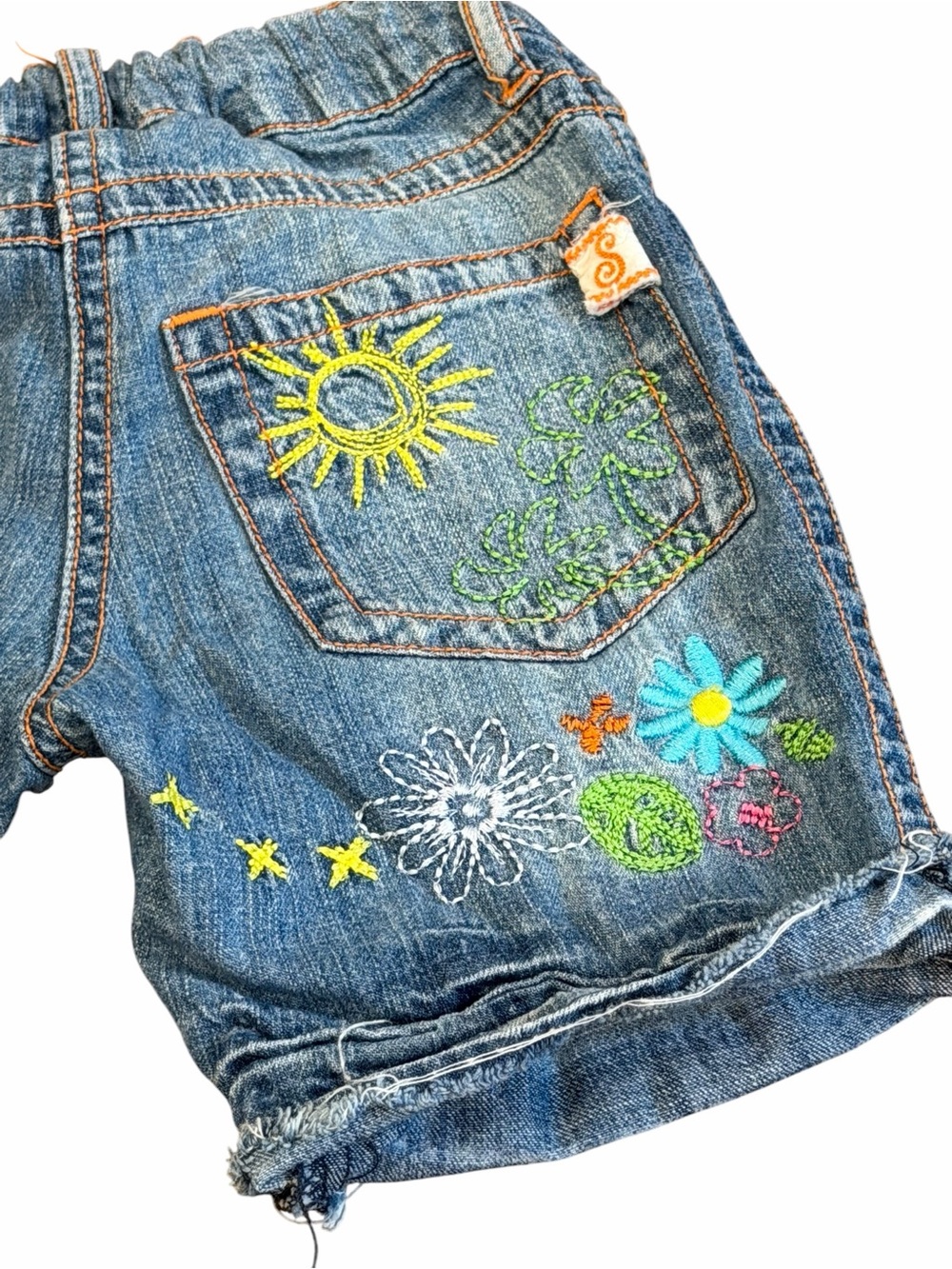 Red Sound, Embroidered Denim Shorts - Blue with Colorful Floral Design, Size 2/3