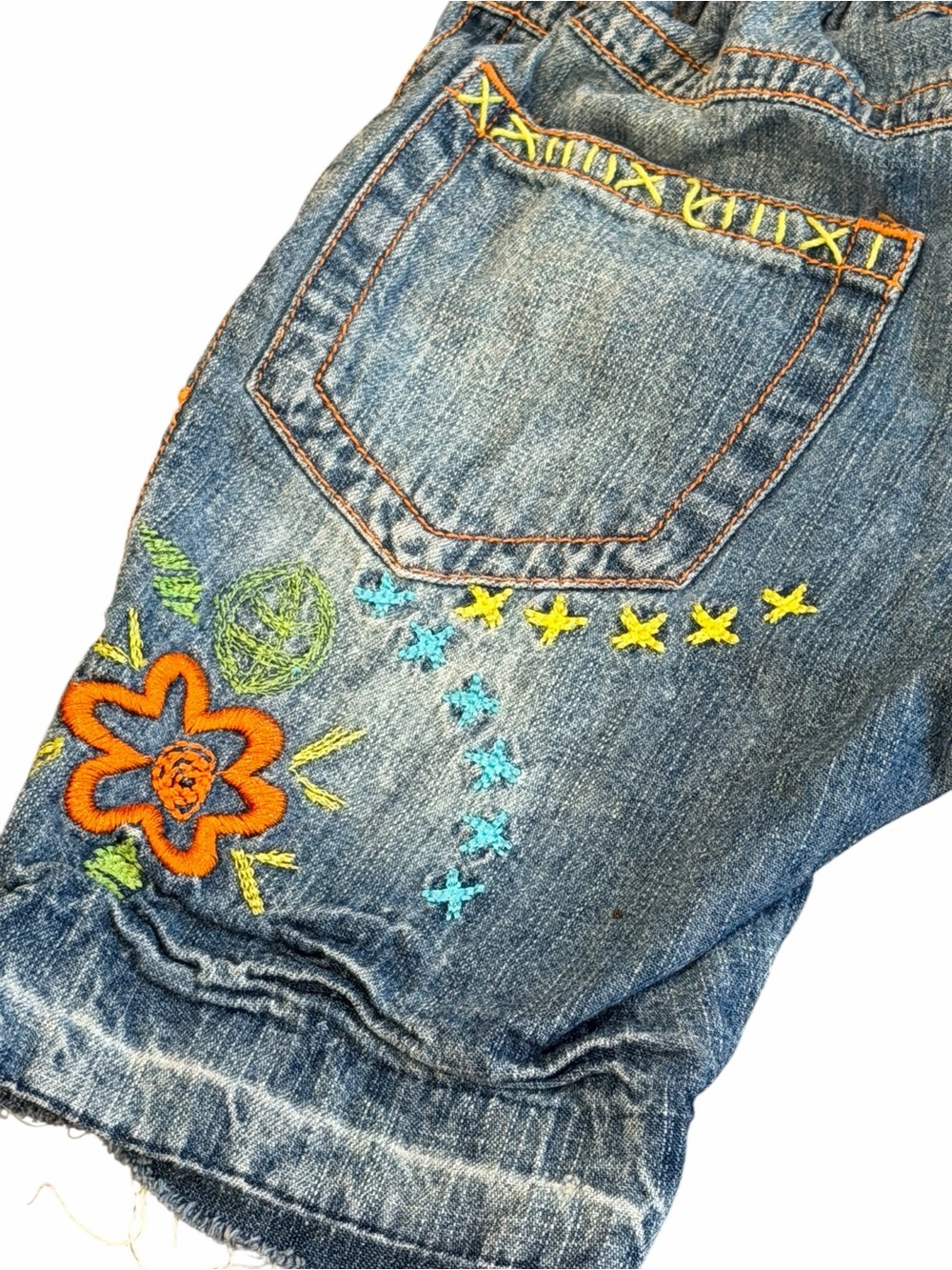 Red Sound, Embroidered Denim Shorts - Blue with Colorful Floral Design, Size 2/3