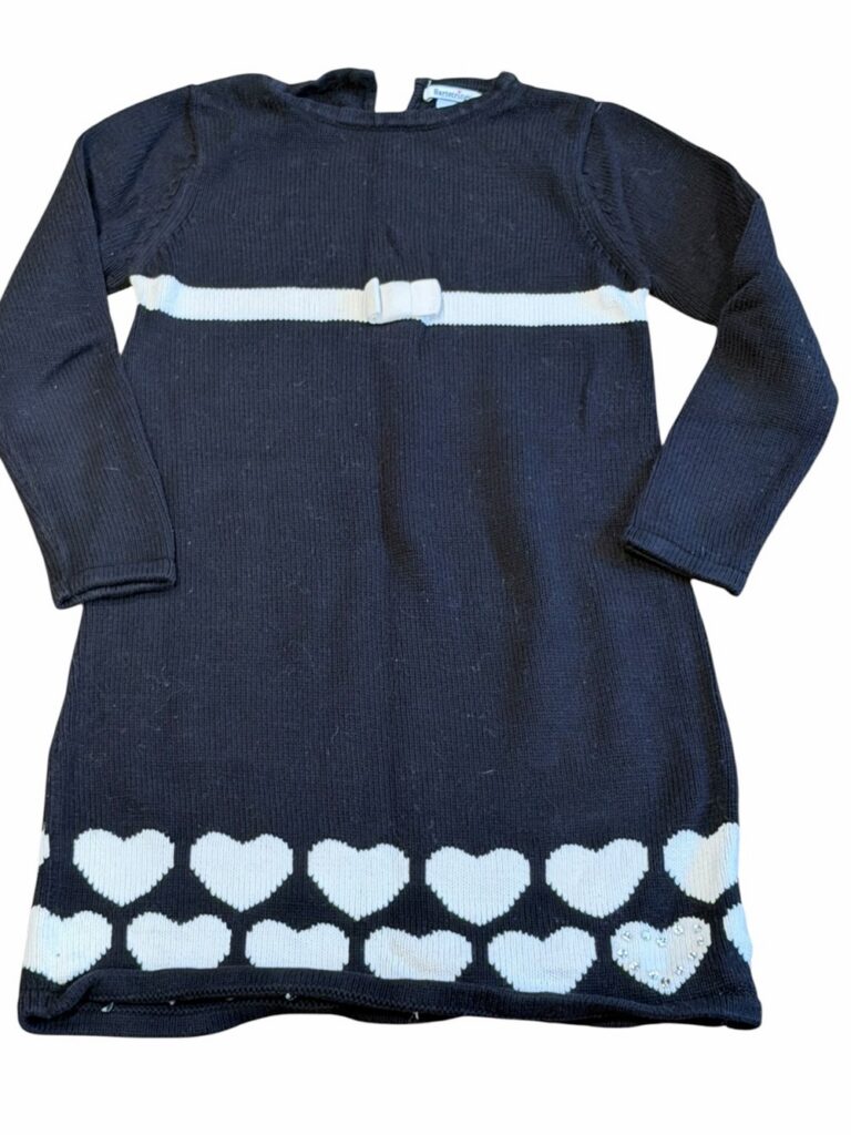 Hartstrings, Black Knit Dress with White Heart Trim and Bow, Size 7/8