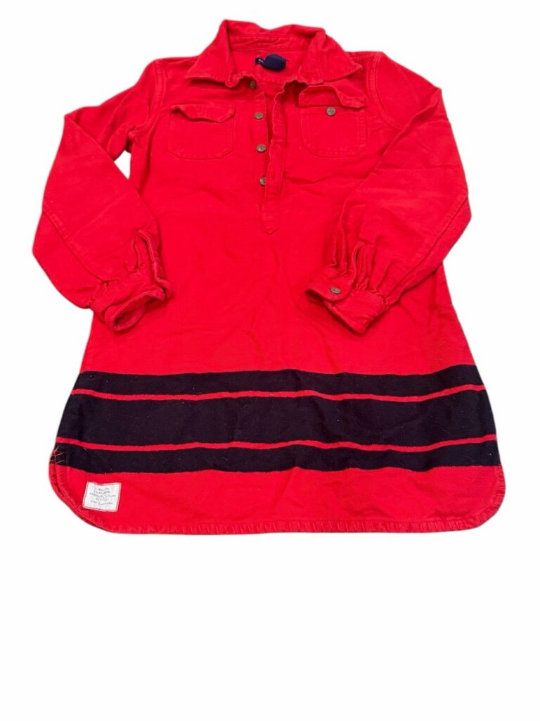 Ralph Lauren, Girl’s Red Long-Sleeve Flannel Dress with Black Stripes, Size 10