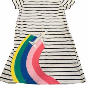 Mini Boden, Girl’s White & Navy Striped Dress with Rainbow Plane Appliqué, Sz 7