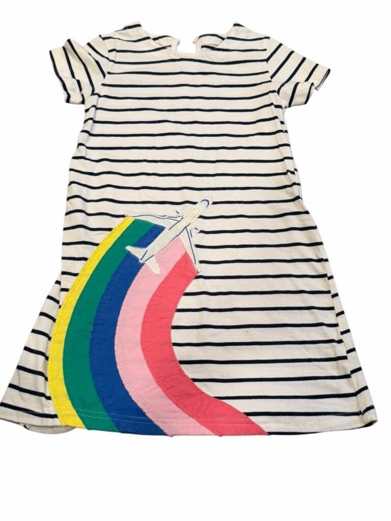 Mini Boden, Girl’s White & Navy Striped Dress with Rainbow Plane Appliqué, Sz 7